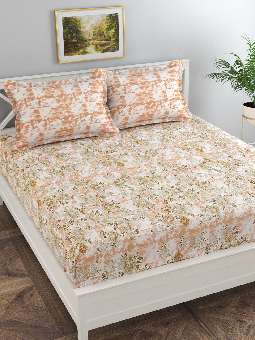 Florida Peach Floral Pure Cotton 300 TC King Fine Bedsheet with 2 Pillow Covers-108 x 108 inches