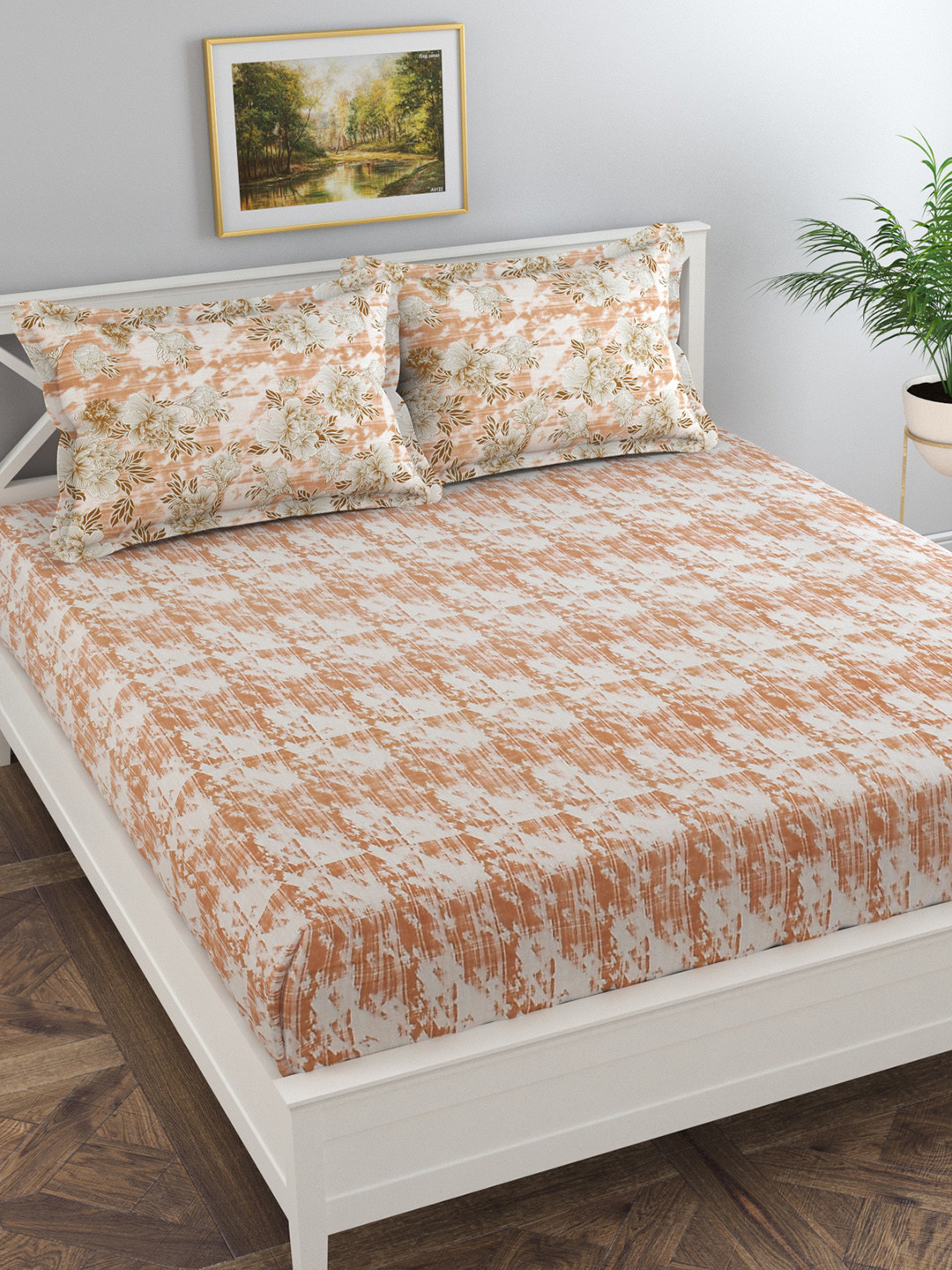 Florida Peach Abstract Pure Cotton 300 TC King Fine Bedsheet with 2 Pillow Covers-275 x 275 cm