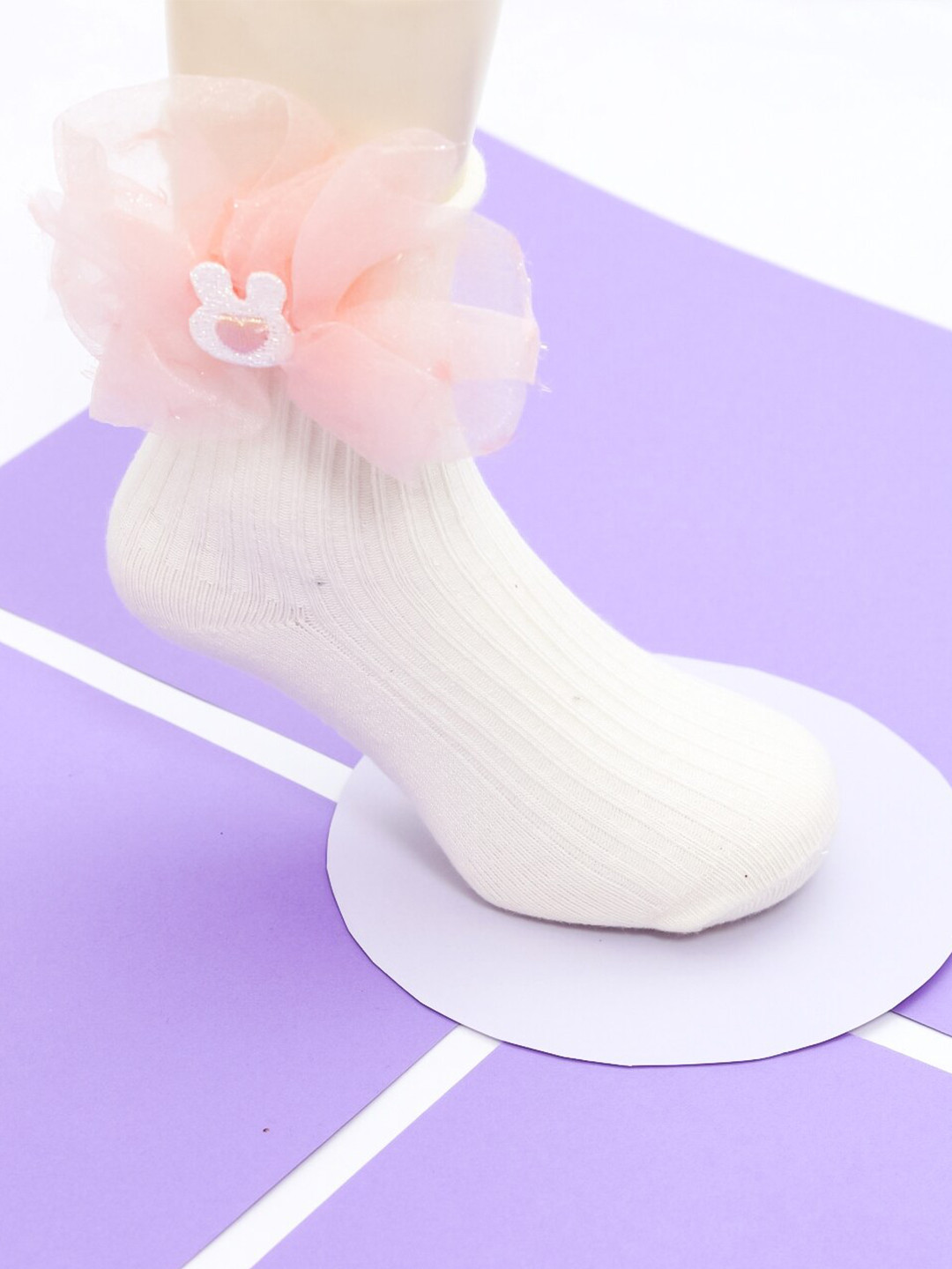 Yellow Bee Girls Peach & White Patterned Ankle Length Cotton Socks