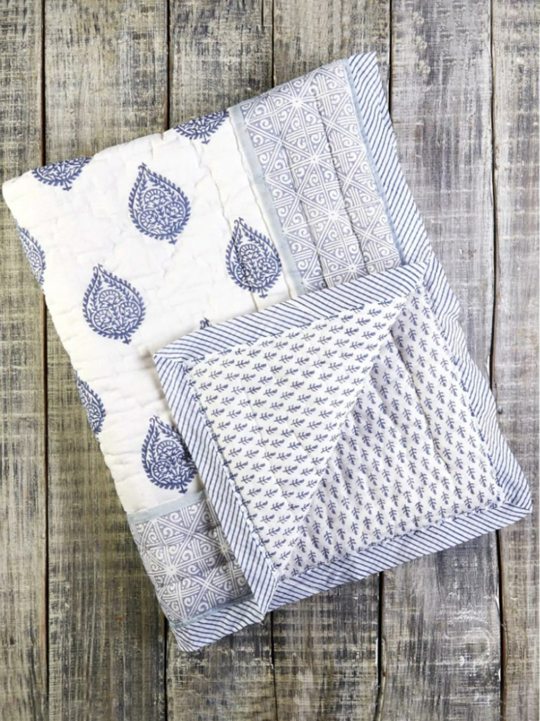 Malabar Baby Kids White & Blue Summer 200 GSM Cotton Single Bed Quilt