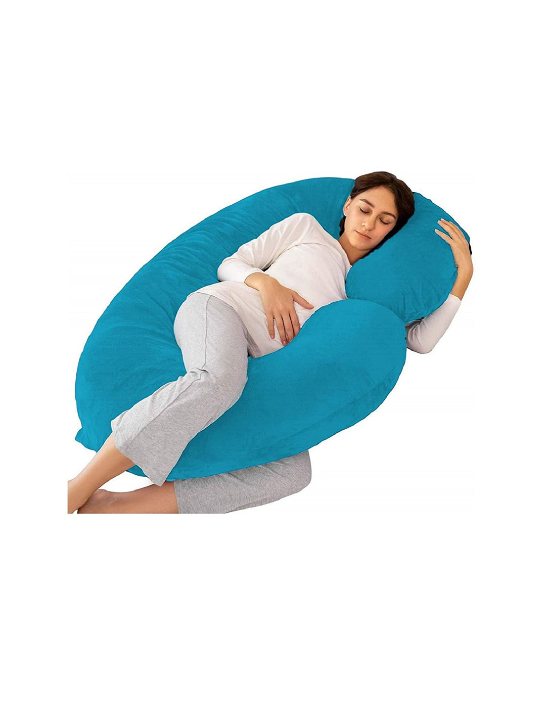 Pum Pum Hollow Fiber Blue Solid Faux Velvet Medium Fibre Maternity Pillow-139 x 71 cm