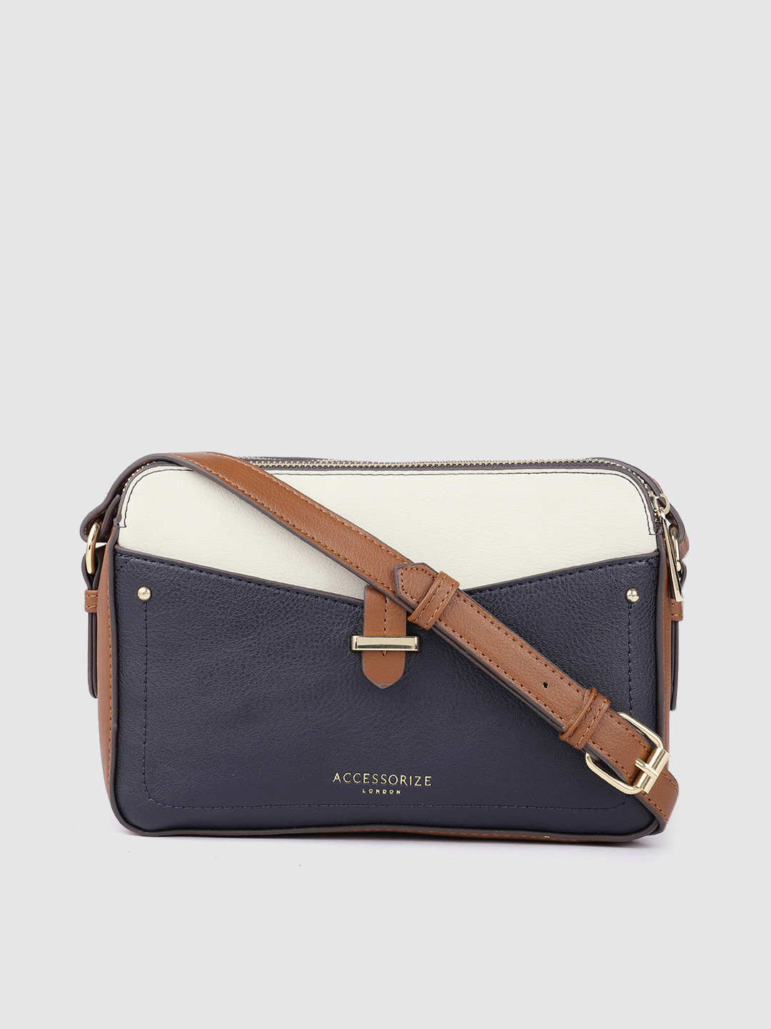 Accessorize Women Navy Blue Colourblocked PU Structured Sling Bag