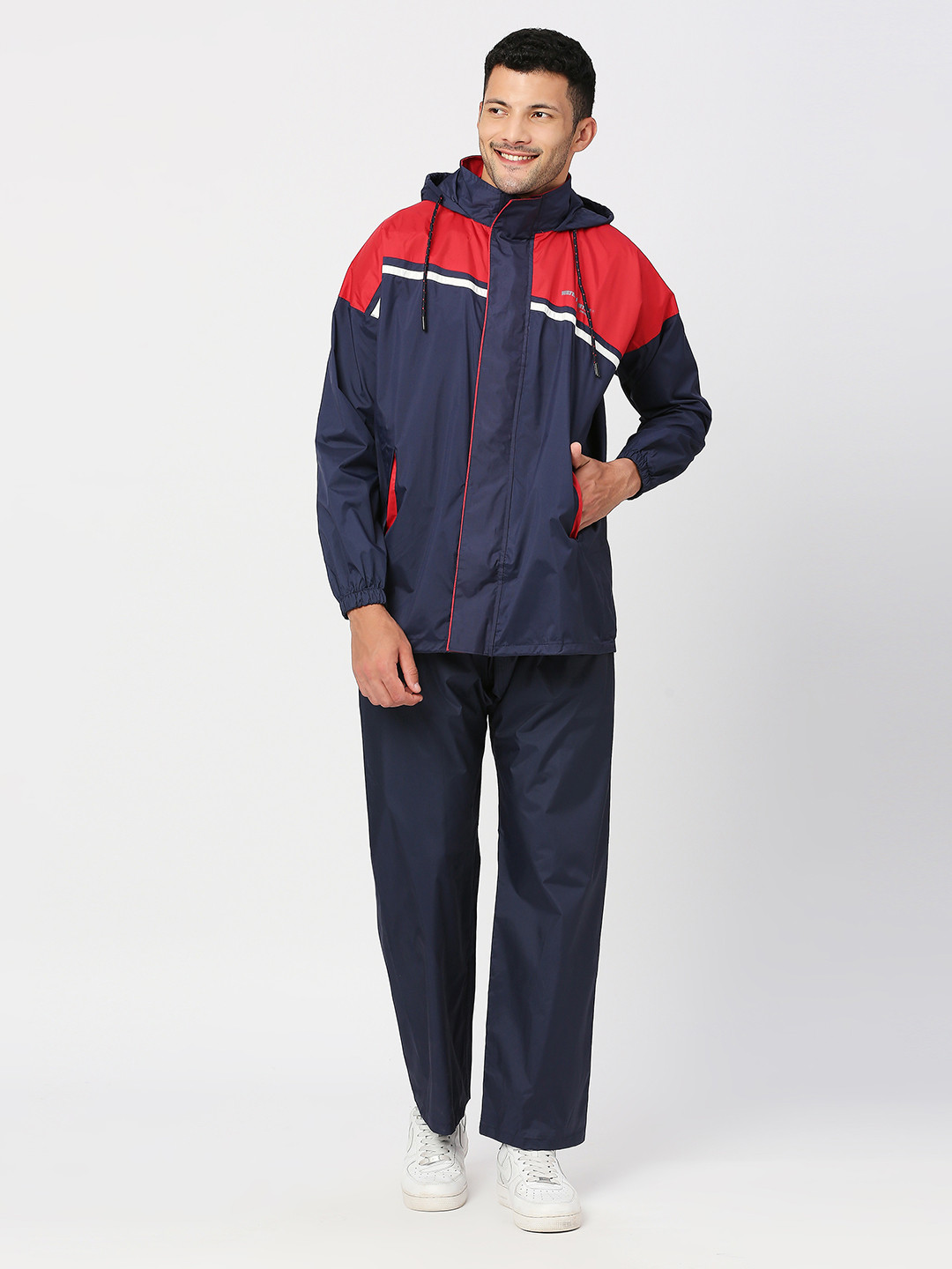 Zeel Men Navy Blue & Red Solid Waterproof Hooded Raincoat & Rain Trousers