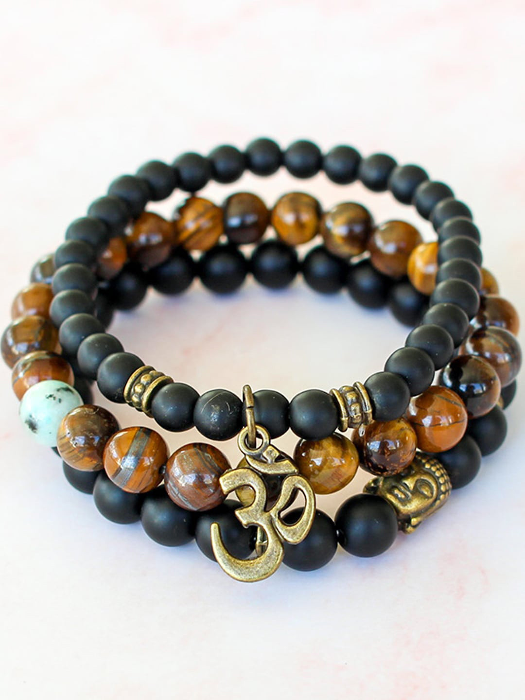 Young & Forever Unisex 3 Black & Brown Tigers Eye Gold-Plated Bracelet
