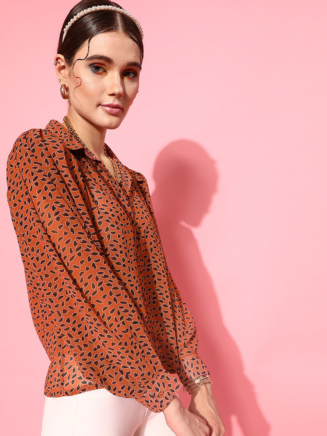 STREET 9 Women Rust Comfort Boxy Sheer Printed Casual Shirt