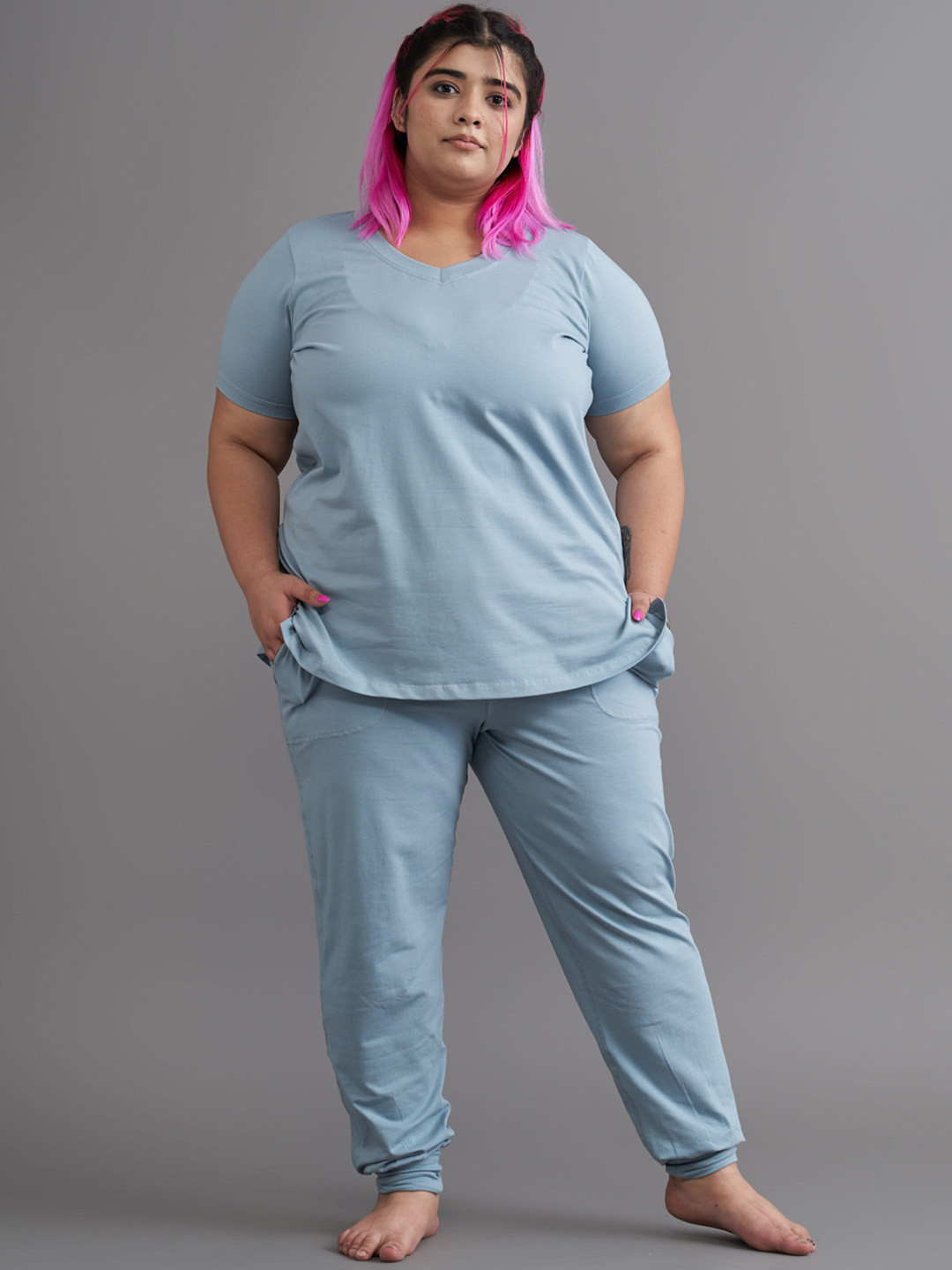 SPIRIT ANIMAL Women Plus Size Blue Solid Lounge T-shirt