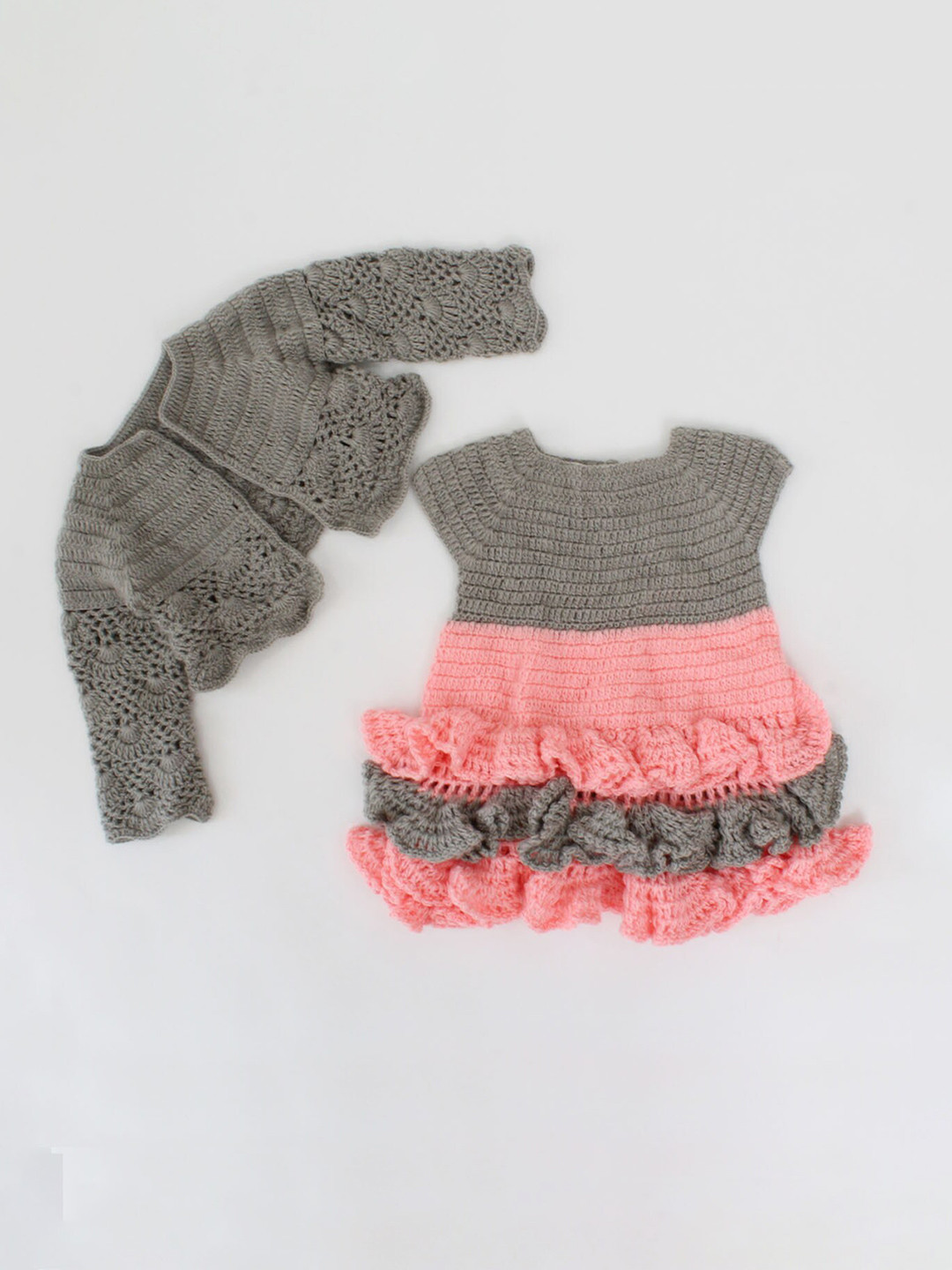 Woonie Girls Grey & Pink Dress With Full Sleeves Shrug