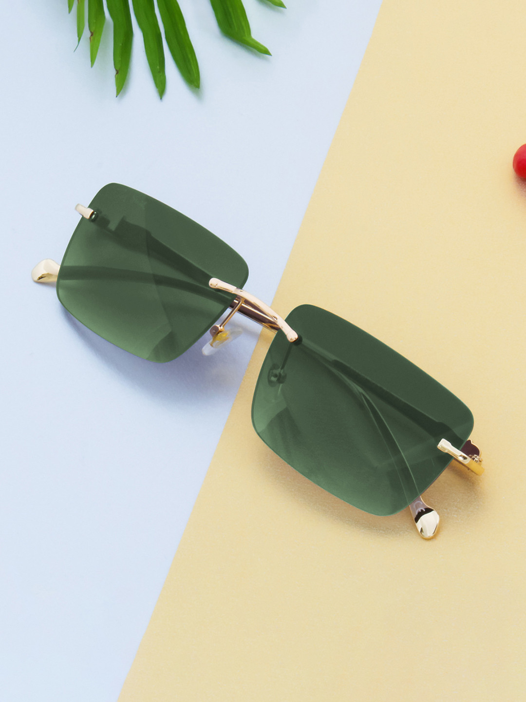 Ted Smith Unisex Gold-Green Rimless Square Sunglasses With UV Protected Lens
