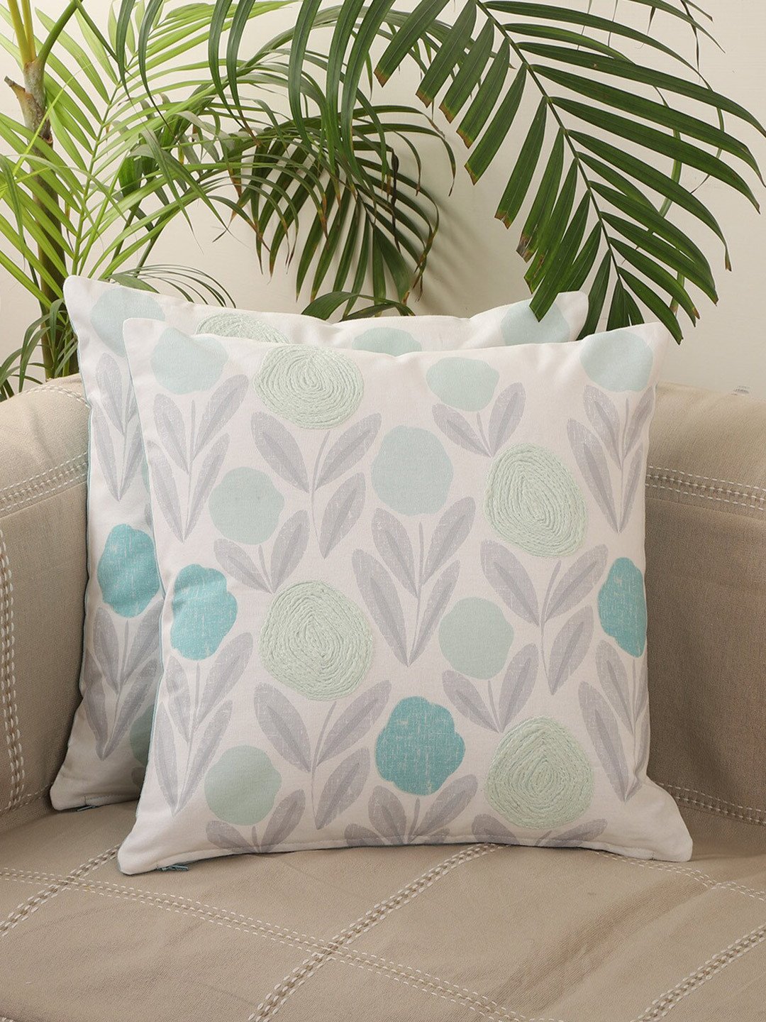 Jamio Firati Green Floral Cotton Breathable 2 Piece Square Cushion Covers -16x16In