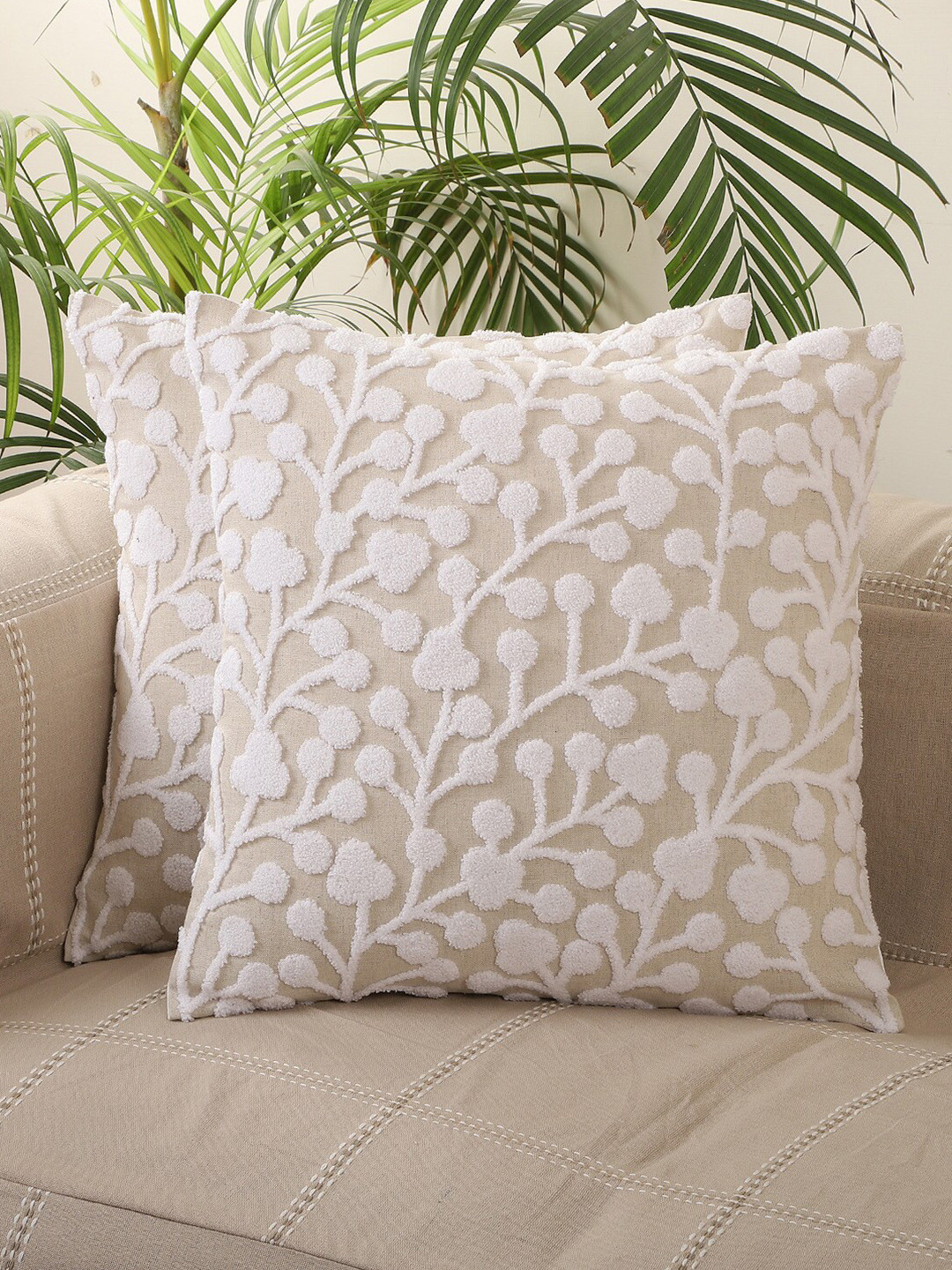 Jamio Firati Floral Cotton Lightweight 2 Pcs Embroidered Square Cushion Covers -18x18In
