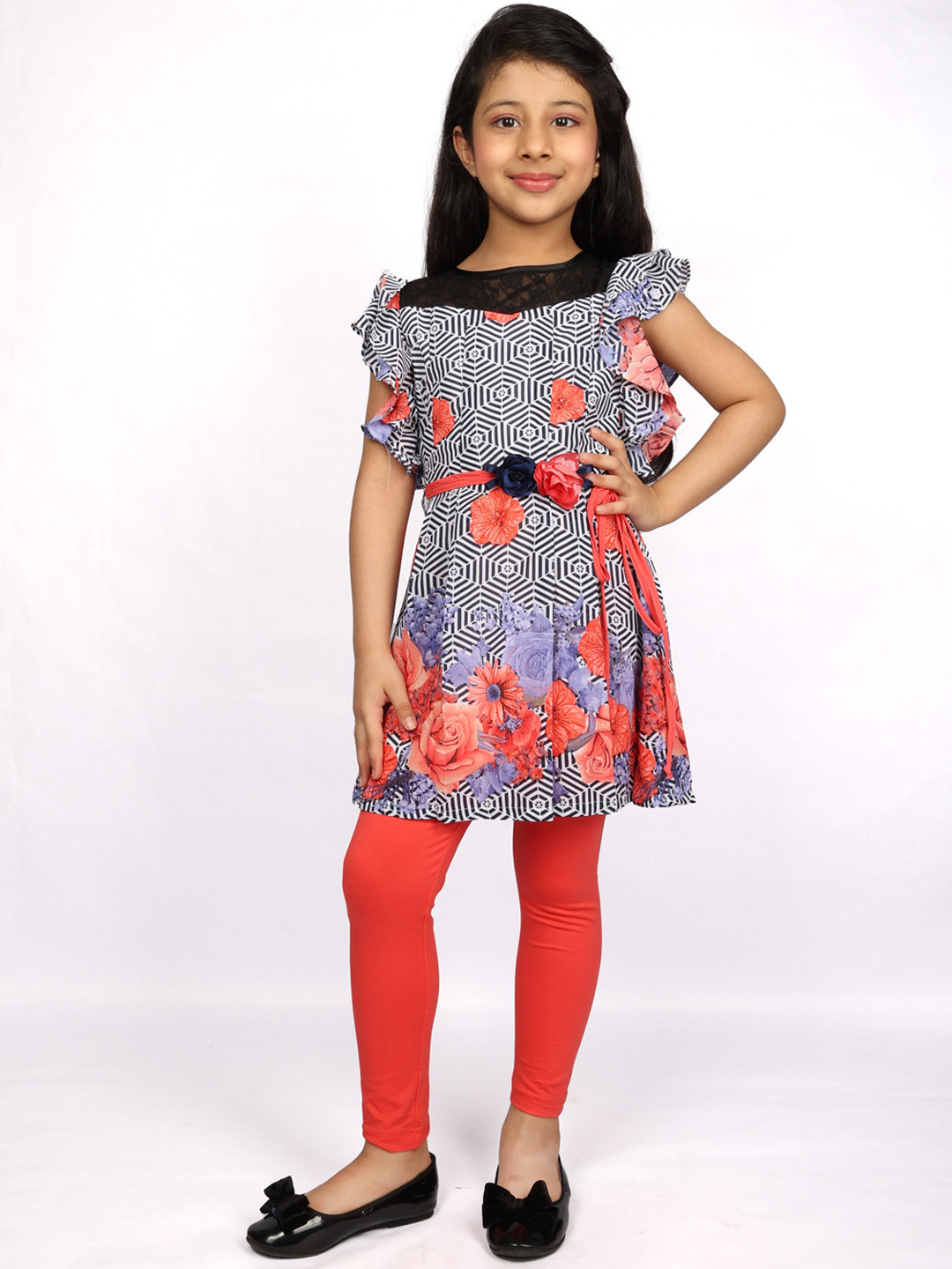 Peppermint Girls Red & White Printed Top with Leggings