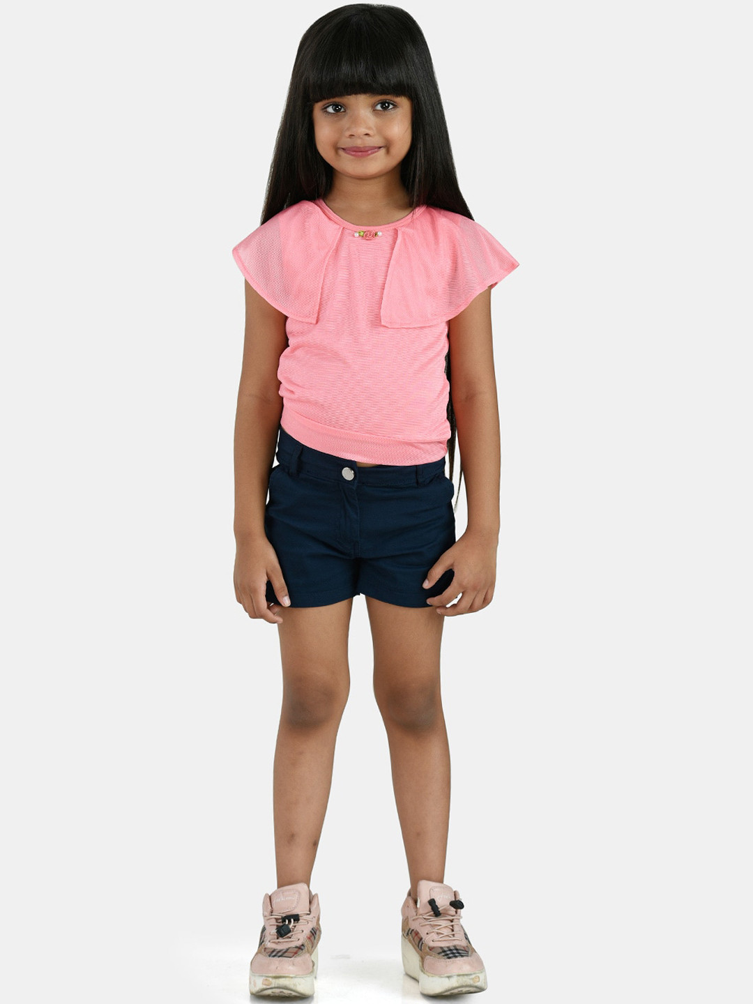 Peppermint Girls Peach-Coloured & Navy Blue Top with Shorts