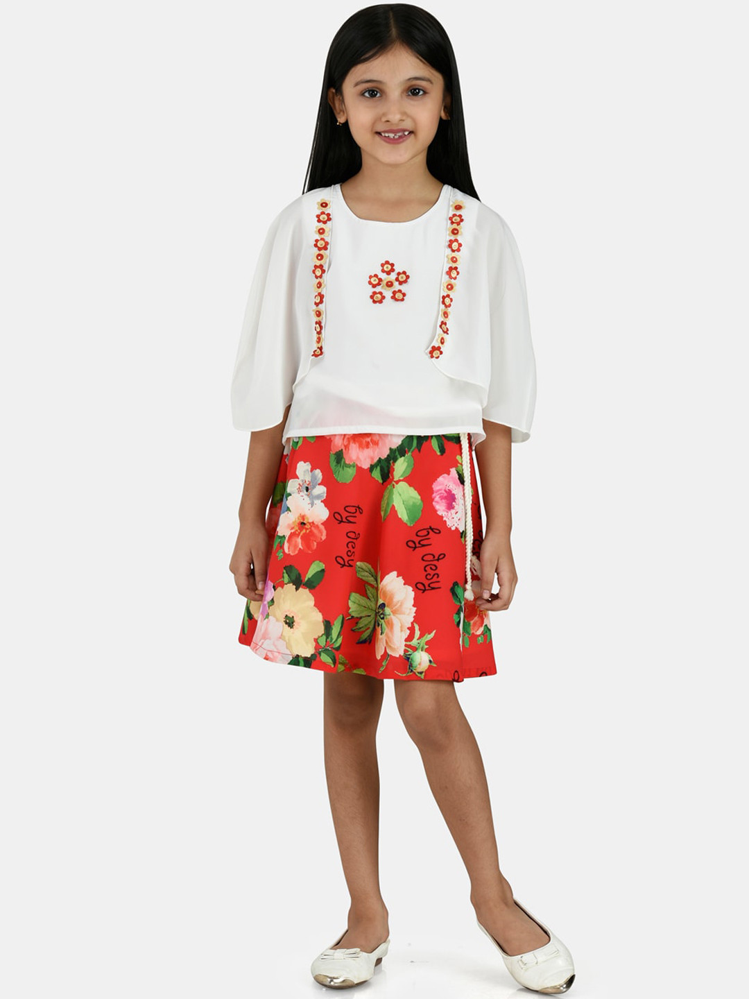 Peppermint Girls Red & White Printed Top with Skirt