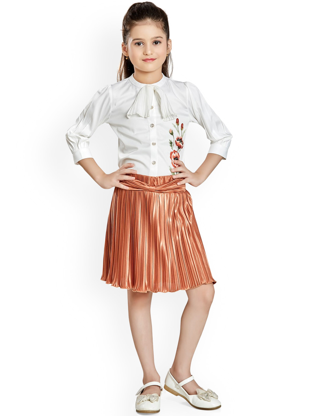 Peppermint Girls Off White & Orange Printed Top with Skirt
