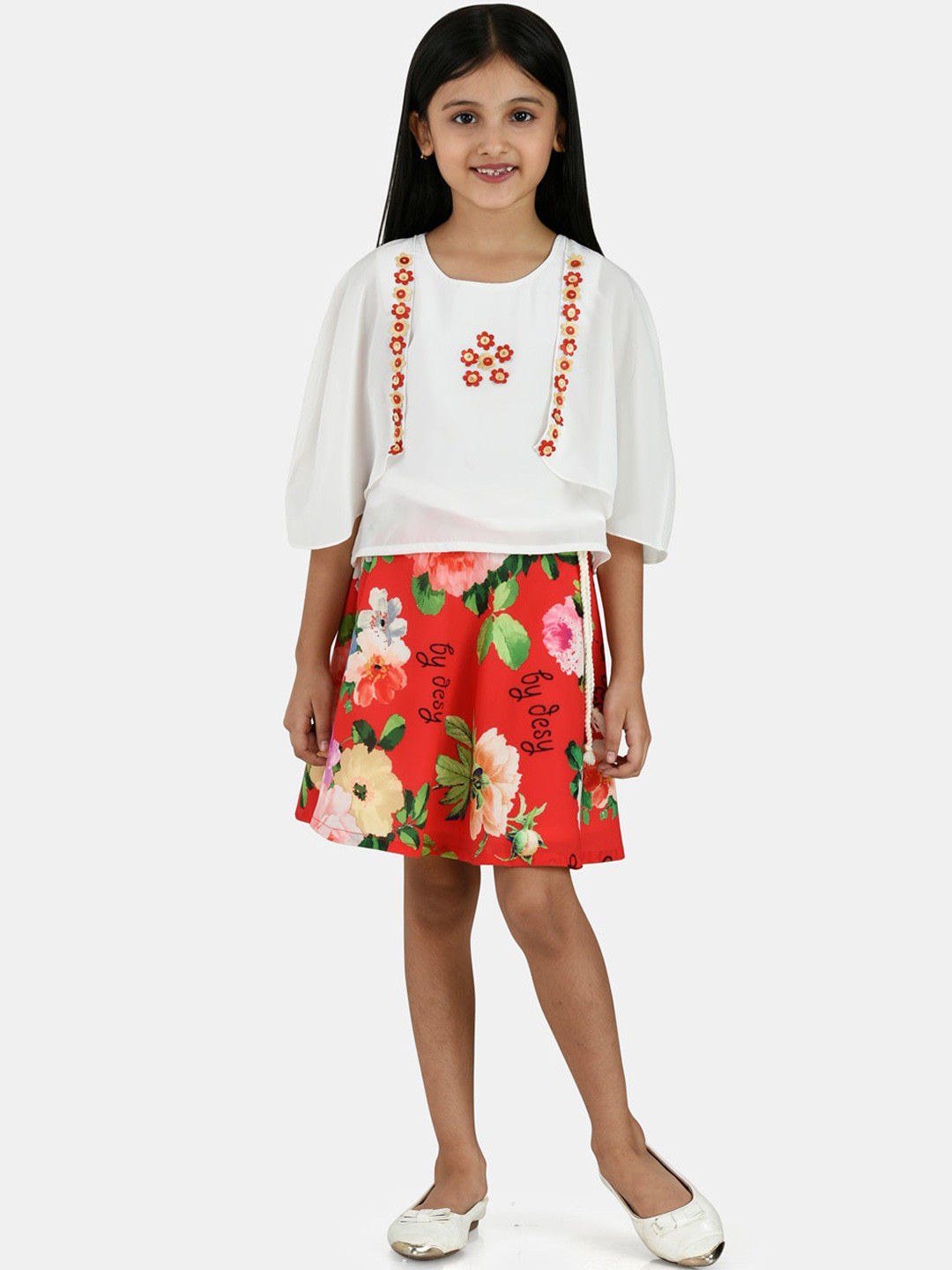 Peppermint Girls Red & White Printed Top with Skirt