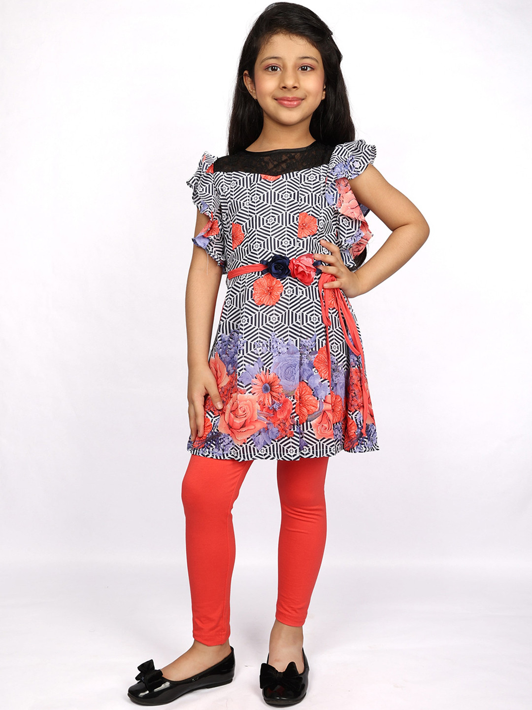 Peppermint Girls Red & Black Printed Tunic with Leggings