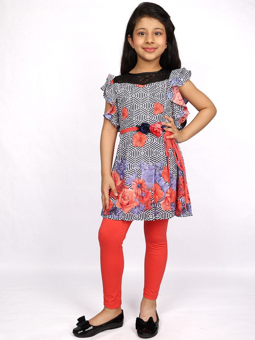 Peppermint Girls Red & Blue Printed Tunic with Leggings