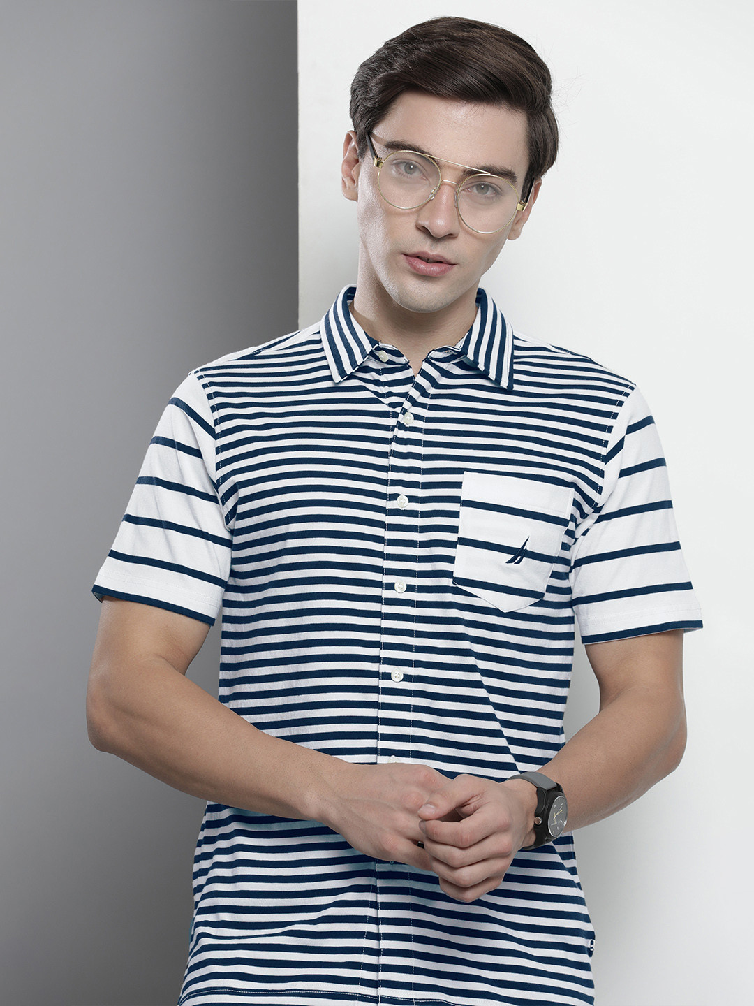 Nautica Men White & Navy Blue Striped Casual Shirt