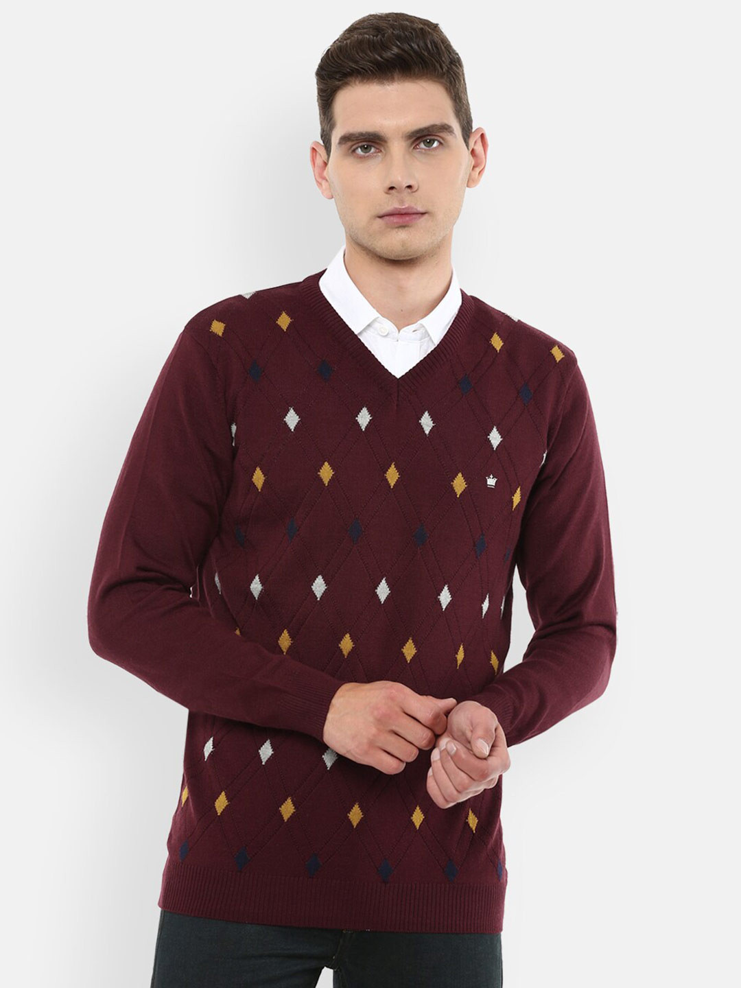Louis Philippe Men Maroon & White Printed Cardigan