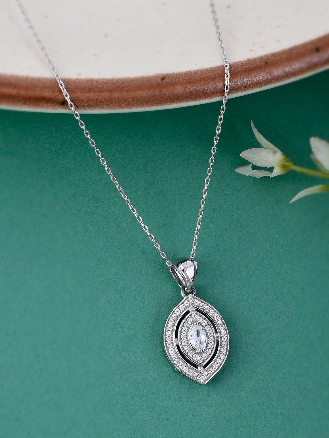 Studio Voylla 925 Sterling Silver American Diamond CZ Pendant with White Stone