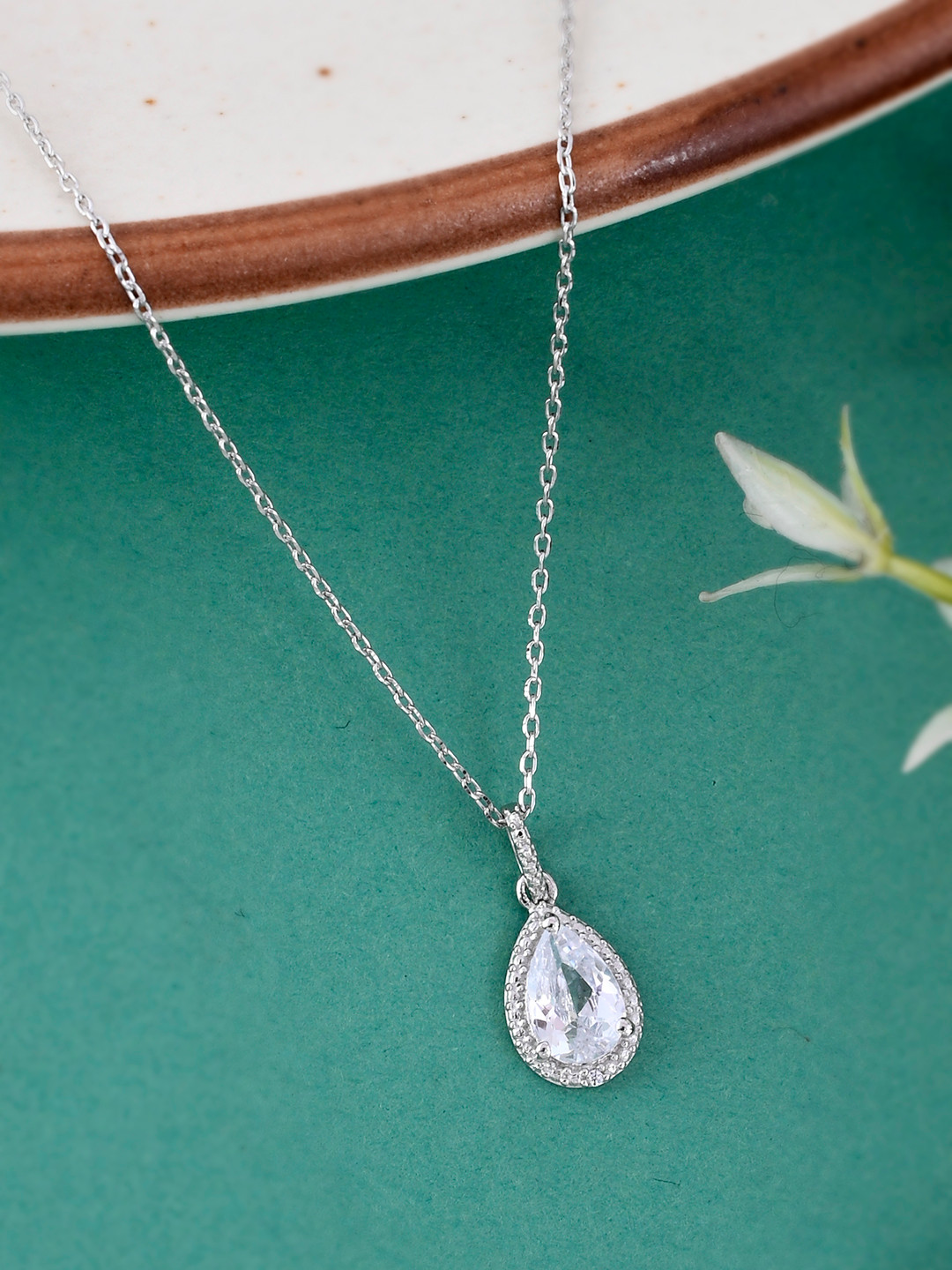 Studio Voylla 925 Sterling Silver American Diamond CZ Pearl Shaped Pendant