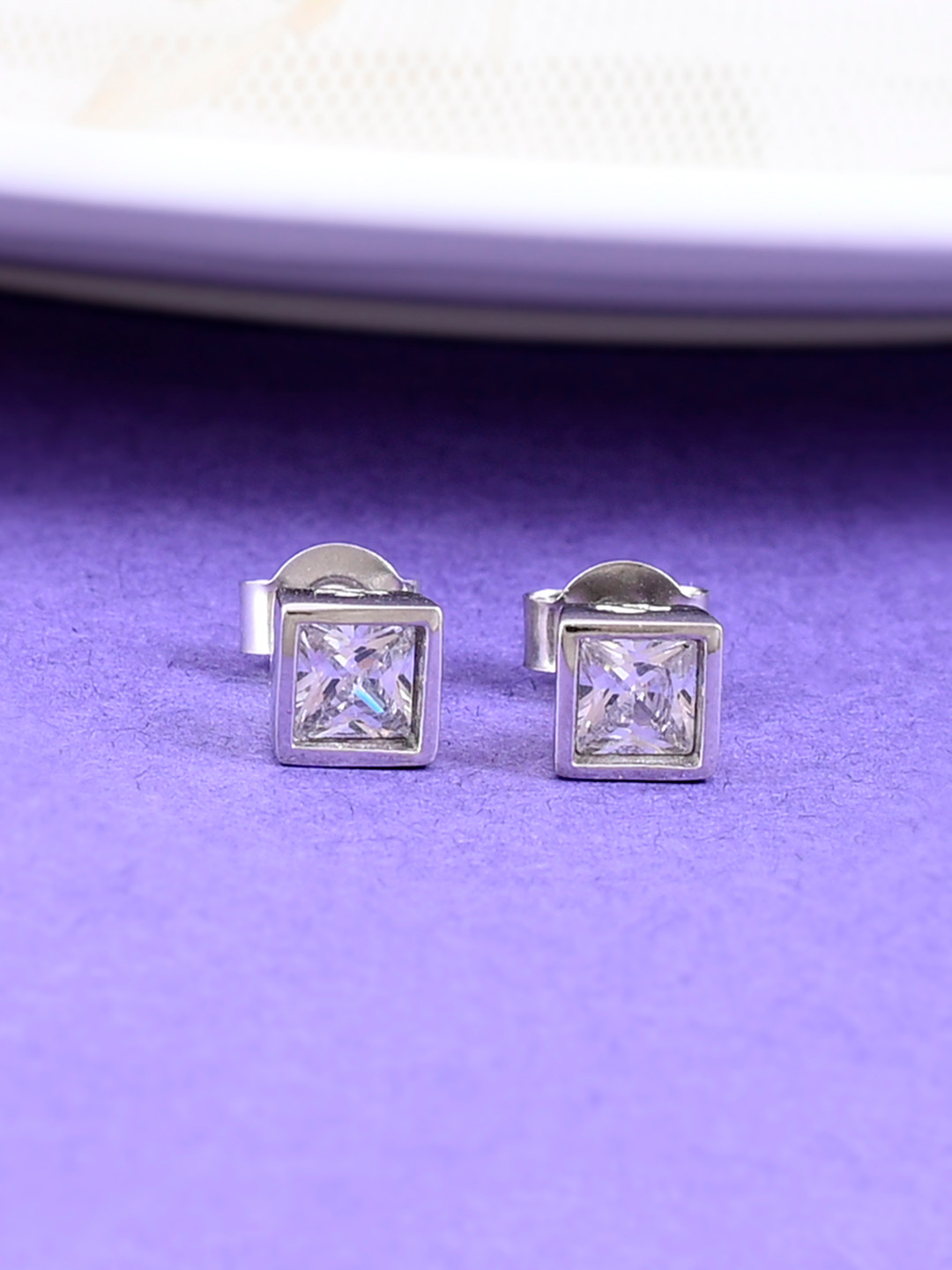 Studio Voylla 925 Sterling Silver American Diamond CZ Aesthetic Carved Stud Earrings