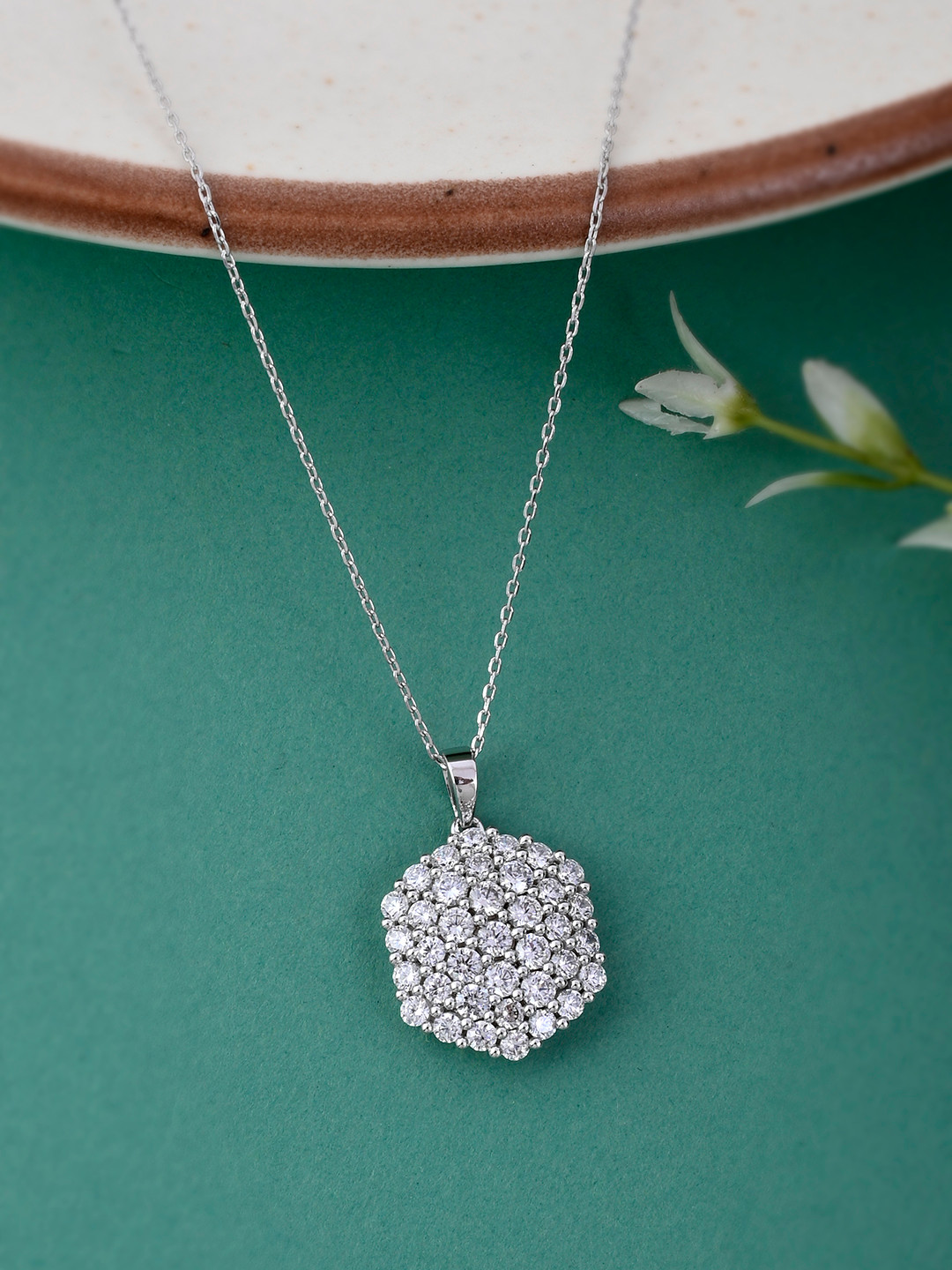 Studio Voylla 925 Sterling Silver American Diamond CZ Crafted Pendant