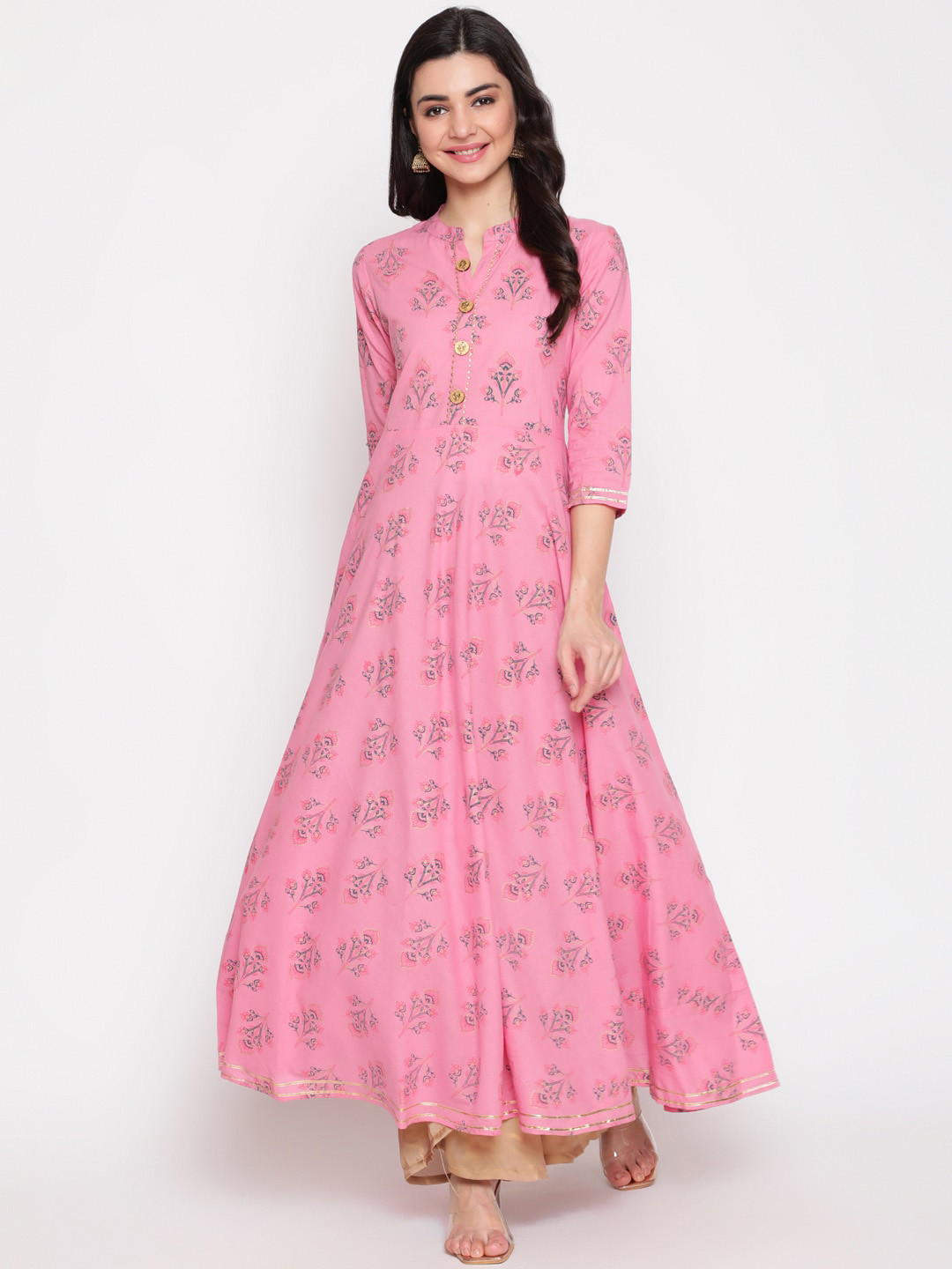 WOMENCLICK Women Cotton Floral Printed Mandarin Ankle Length Ethnic Anarkali Kurta
