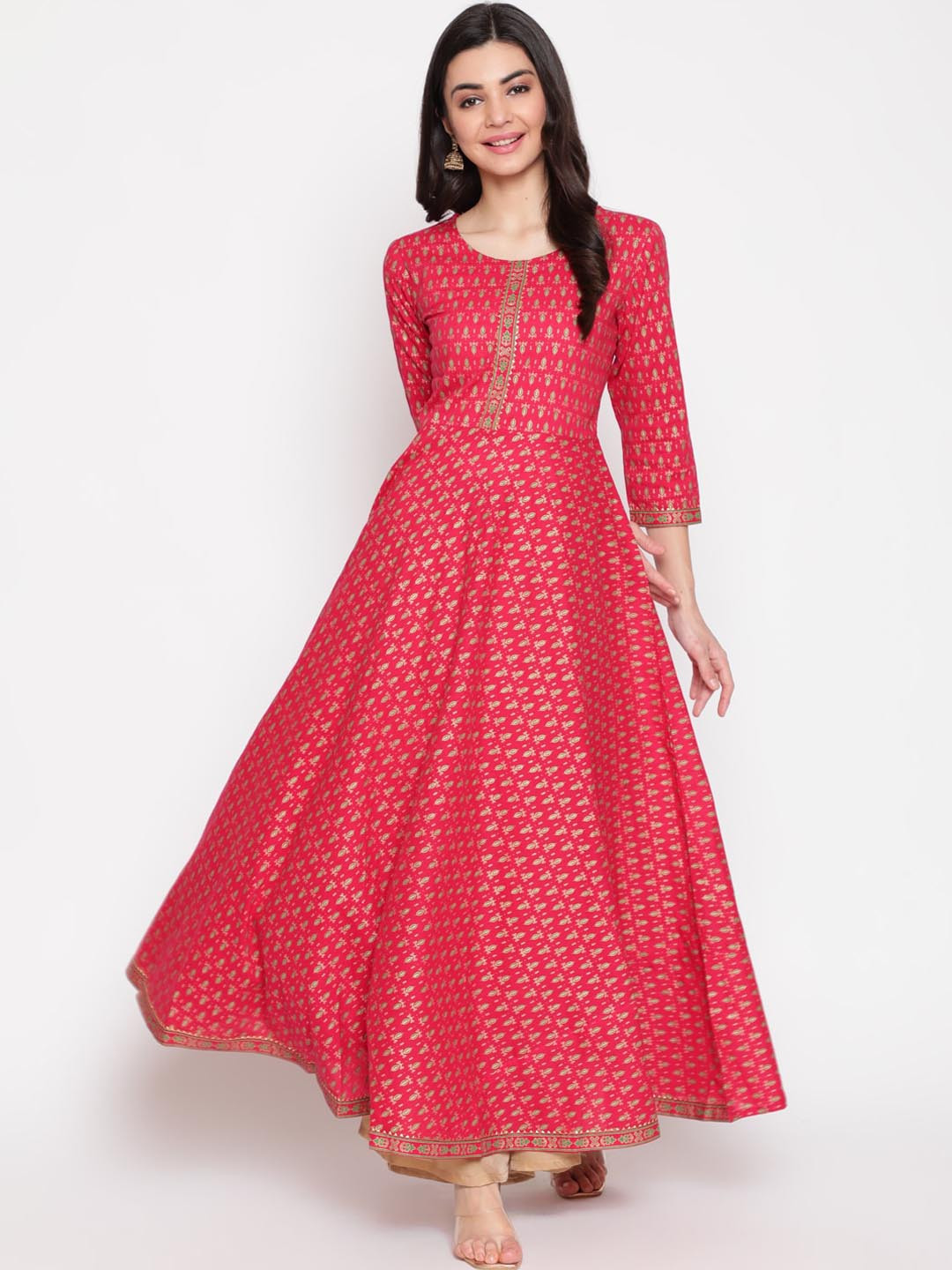 WOMENCLICK Women Pink Ethnic Motifs Printed Floral Anarkali Kurta