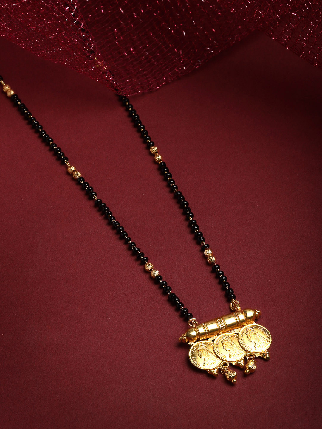 PANASH Gold-Plated & Black Beaded Coin Mangalsutra