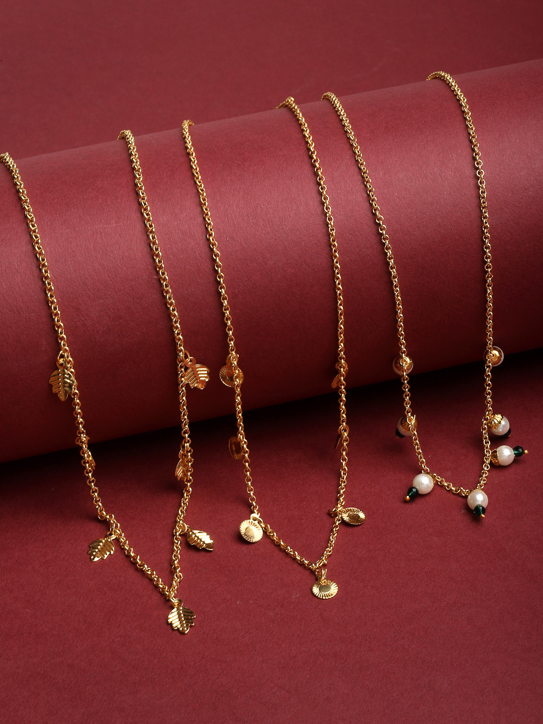 PANASH Women Set Of 3 Gold-Plated  & Green Brass Charm Necklace