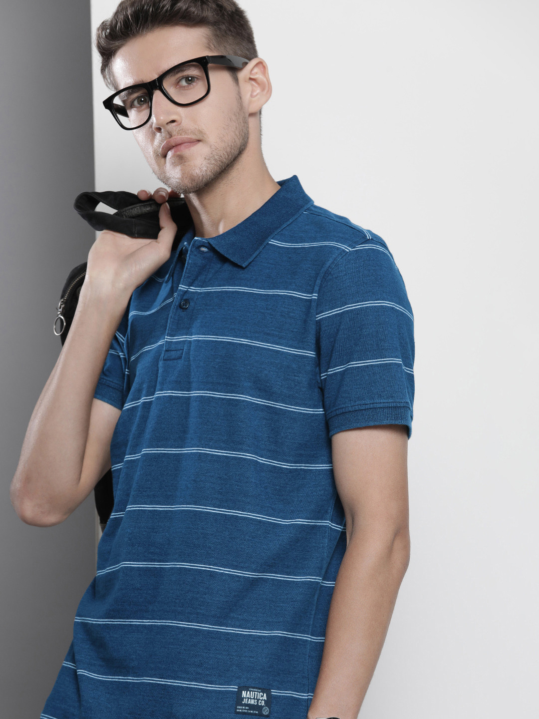Nautica Men Blue Striped Pure Cotton Polo T-shirt