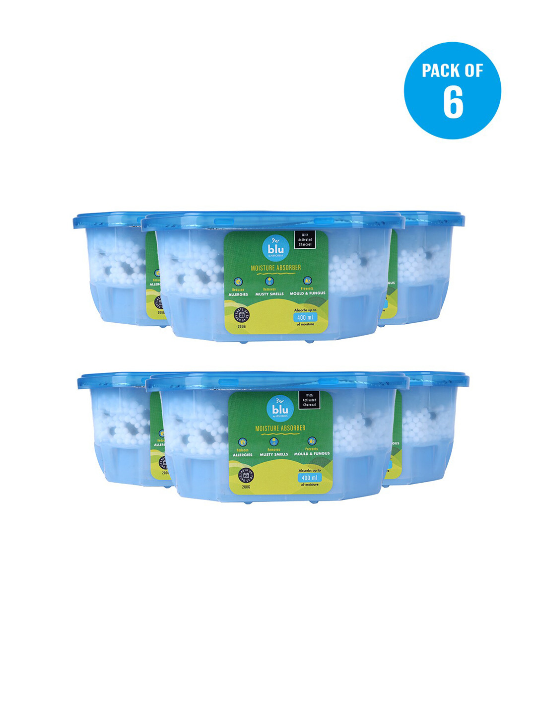 Absorbia Pack of 6 Blu Moisture Absorber Dehumidifer Box with Activated Charcol 400ml