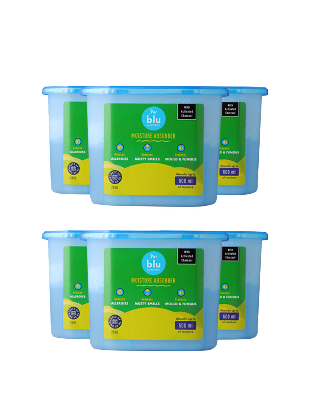 Absorbia Pack of 6 Blu Moisture Absorber Dehumidifer Box with Activated Charcol- 600ml