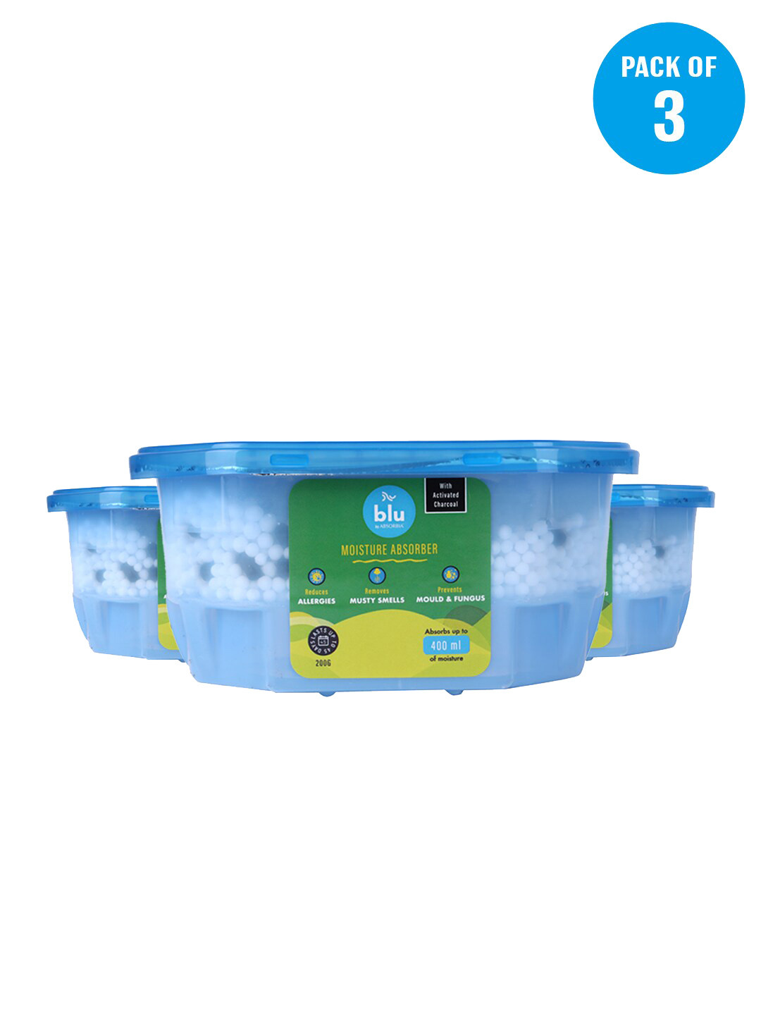 Absorbia Pack of 3 Blu Moisture Absorber Dehumidifer Box with Activated Charcoal -400ml