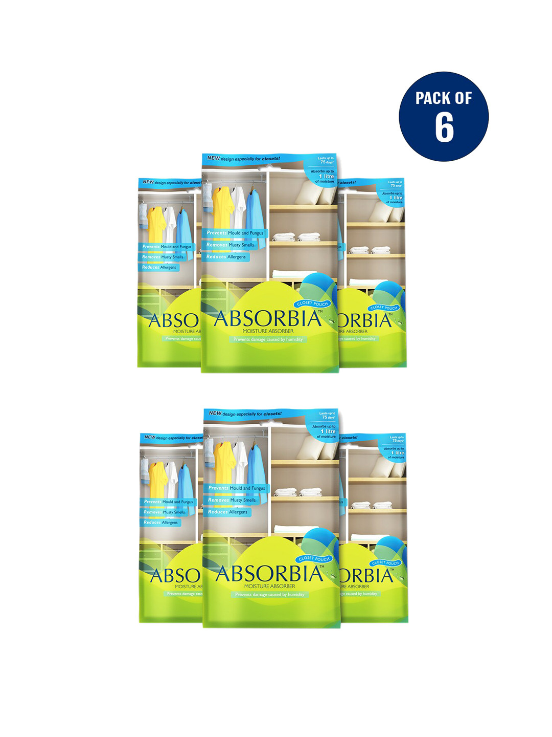 Absorbia Pack of 6 Moisture Absorber Dehumidifer Pouch -1L
