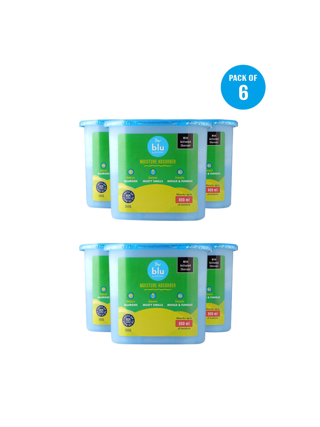 Absorbia Pack of 6 Blu Moisture Absorber Dehumidifer Box With Activated Charcol 800 ML