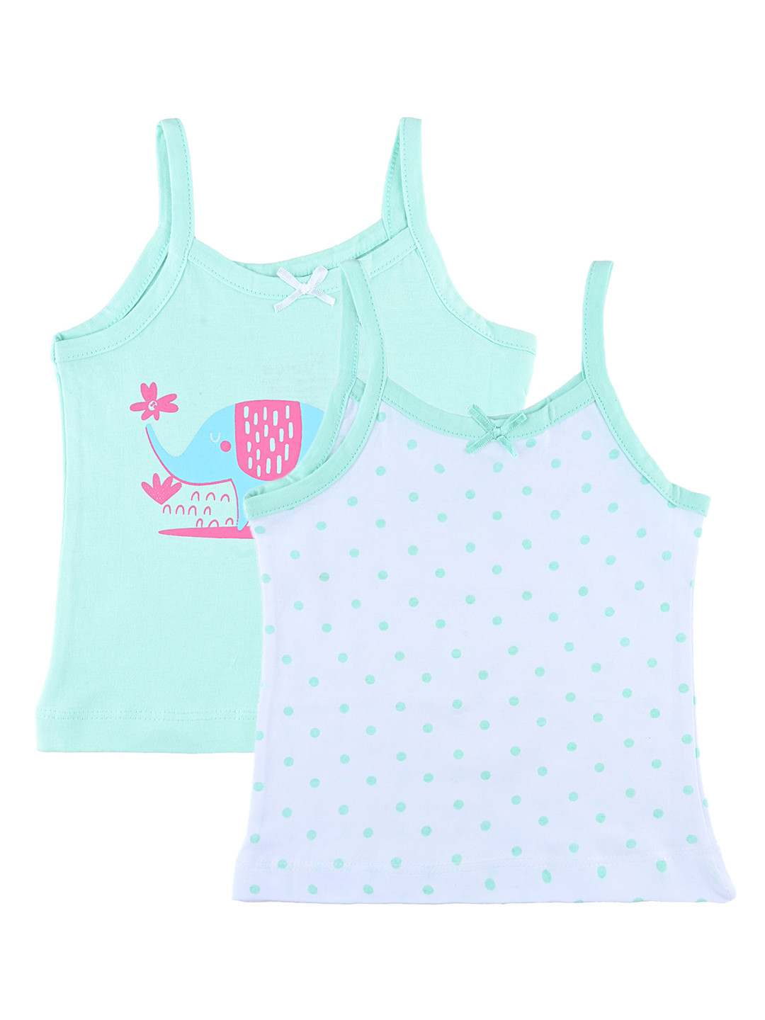 Nuluv Girls Set Of 2 White & Sea Green Printed Cotton Camisoles