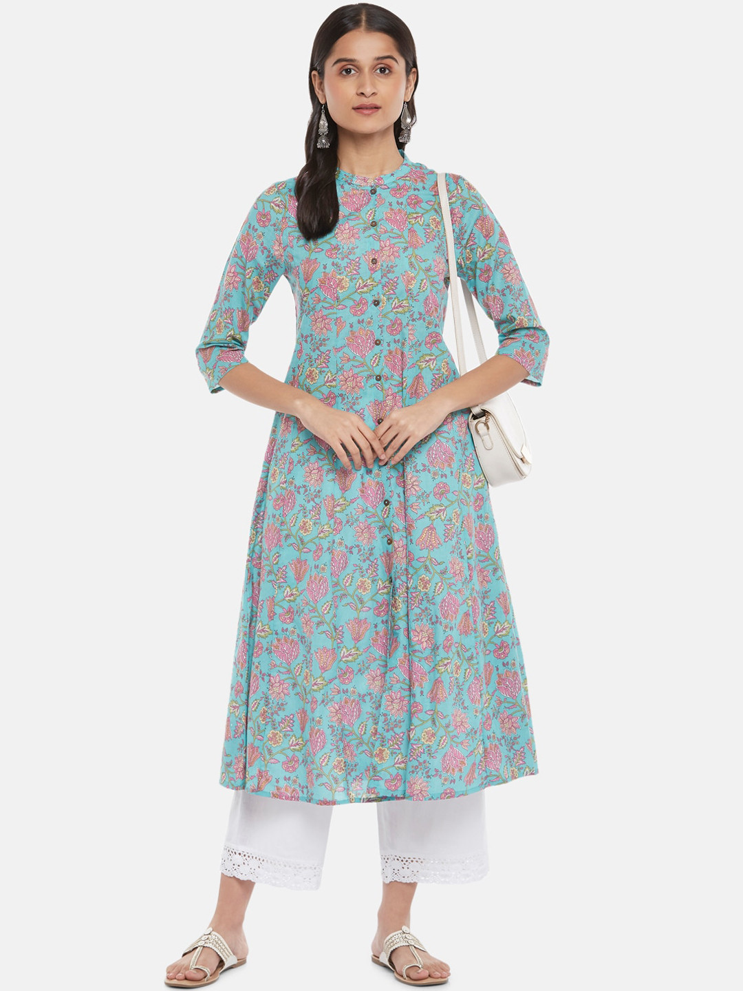 RANGMANCH BY PANTALOONS Women Blue Floral Printed Flared Sleeves Anarkali Kurta