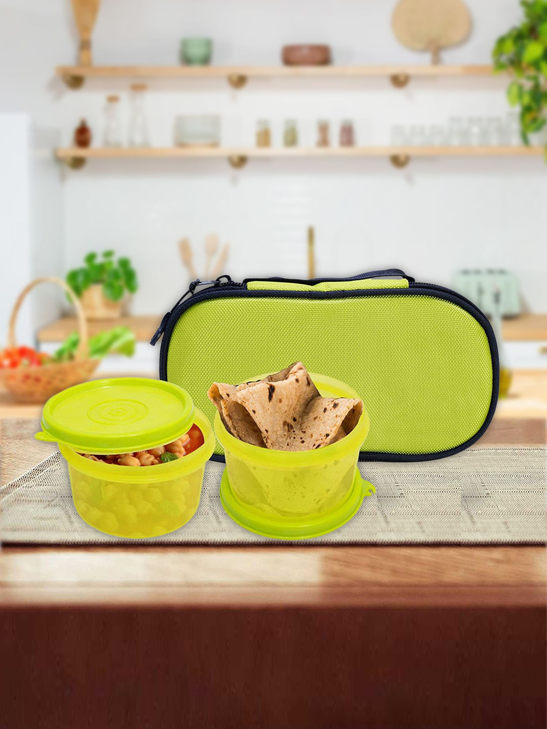 Kuber Industries Green Solid Plastic Dishwasher Safe 3PCs Lunch Box With Spoon and Fork