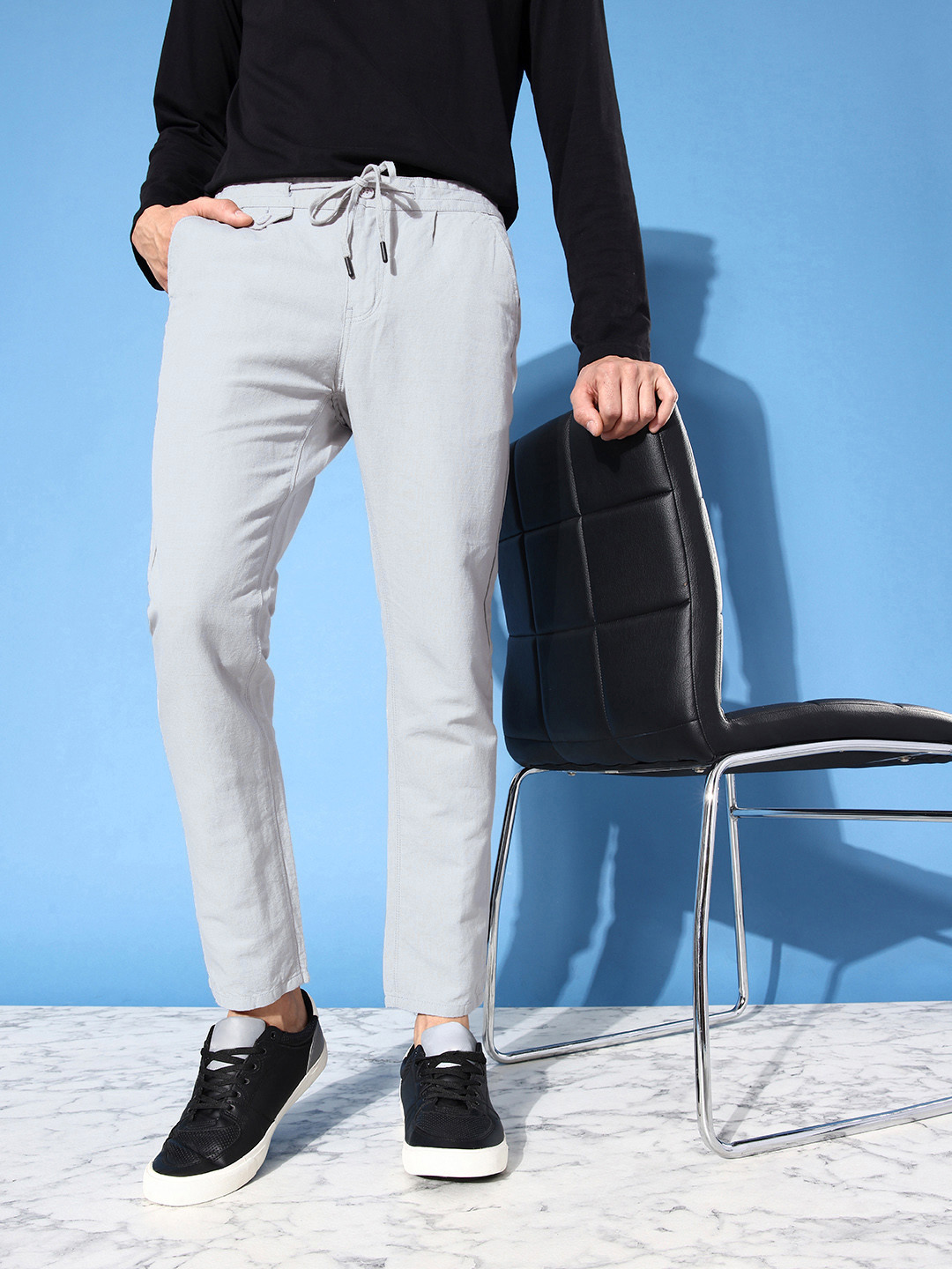 Mast & Harbour Men Grey Solid Cotton Linen Slim Fit Trousers