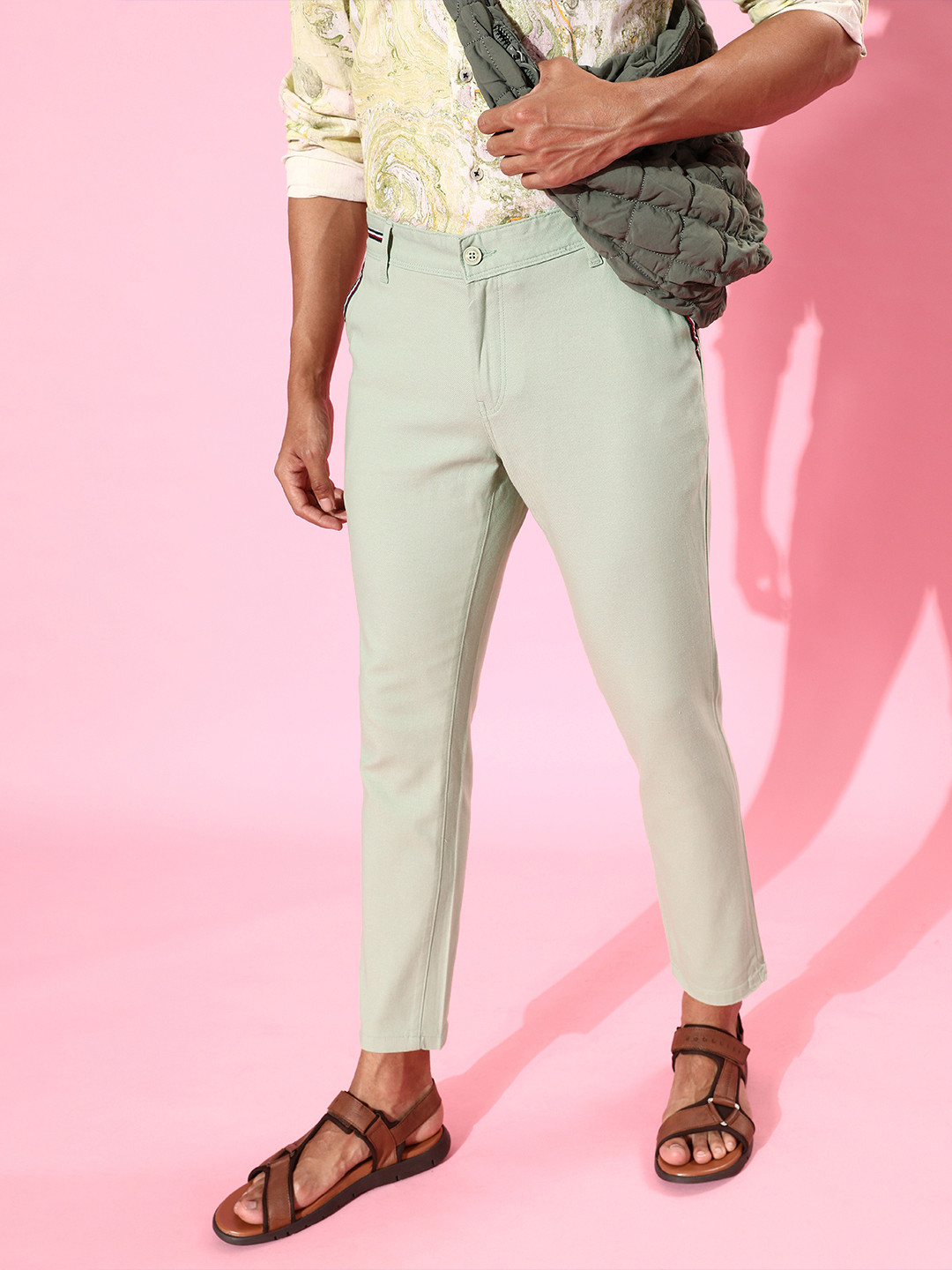 Mast & Harbour Men Light Green Solid Mid-Rise Regular Trousers