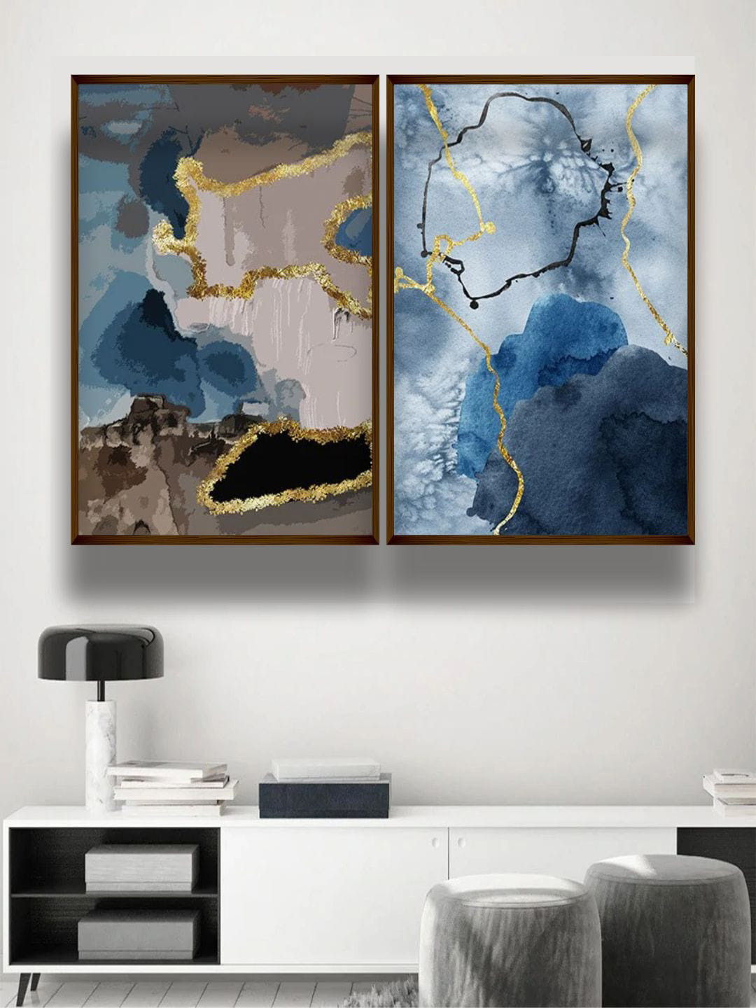 The Art House Set Of 3 Blue & Grey Abstract Wall Art