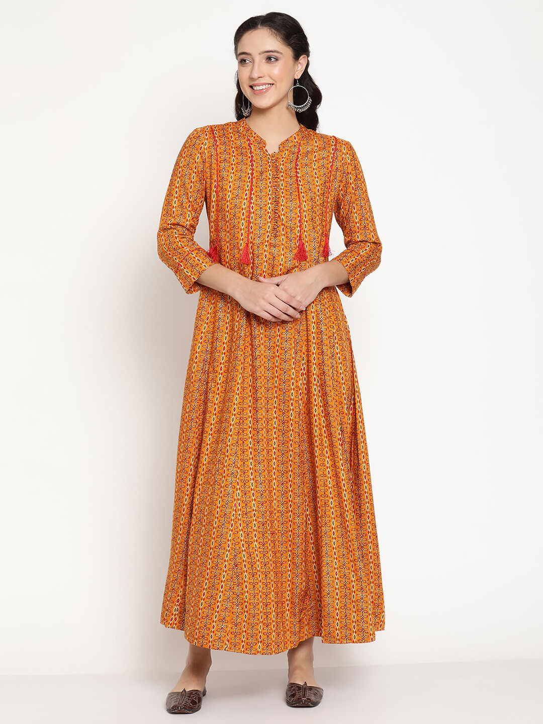 Be Indi Mustard Yellow Ethnic Motifs Maxi Dress