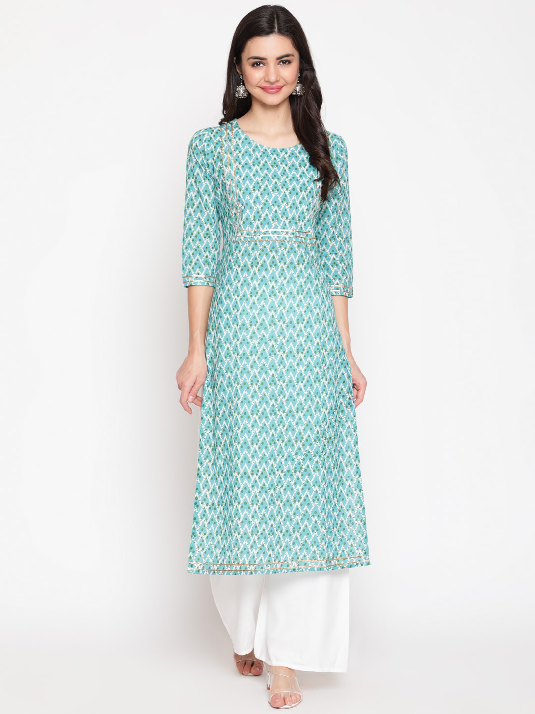 WOMENCLICK Women Green Geometric Printed Floral Kurta