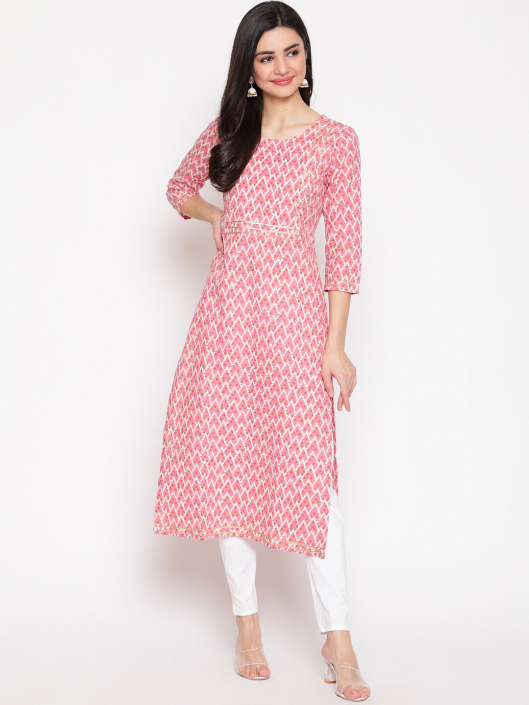 WOMENCLICK Women Pink Geometric Printed Floral Kurta
