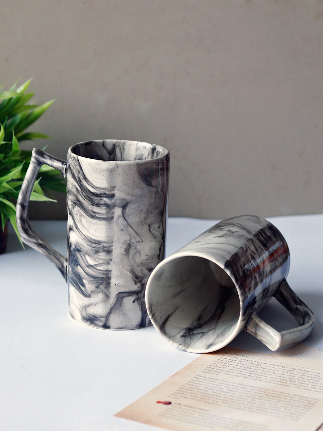 Unravel India White Abstract Ceramic Microwave Safe 2 Piece Mugs-300ml