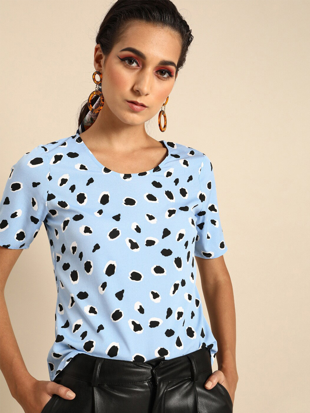DODO & MOA Blue & Black Print Crepe Regular Top