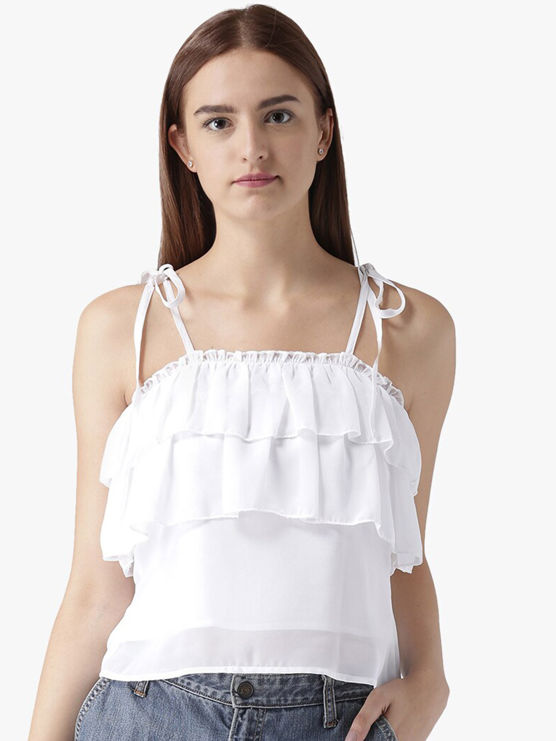 DODO & MOA Women White Solid Tie-Ups Top