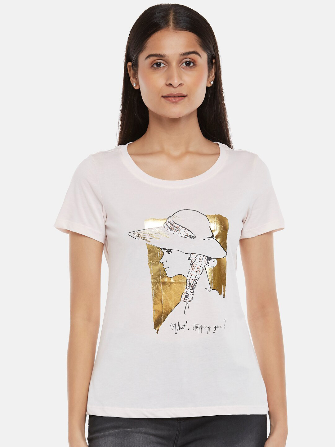 Honey by Pantaloons Women Pink & Gold-Toned Printed T-shirt